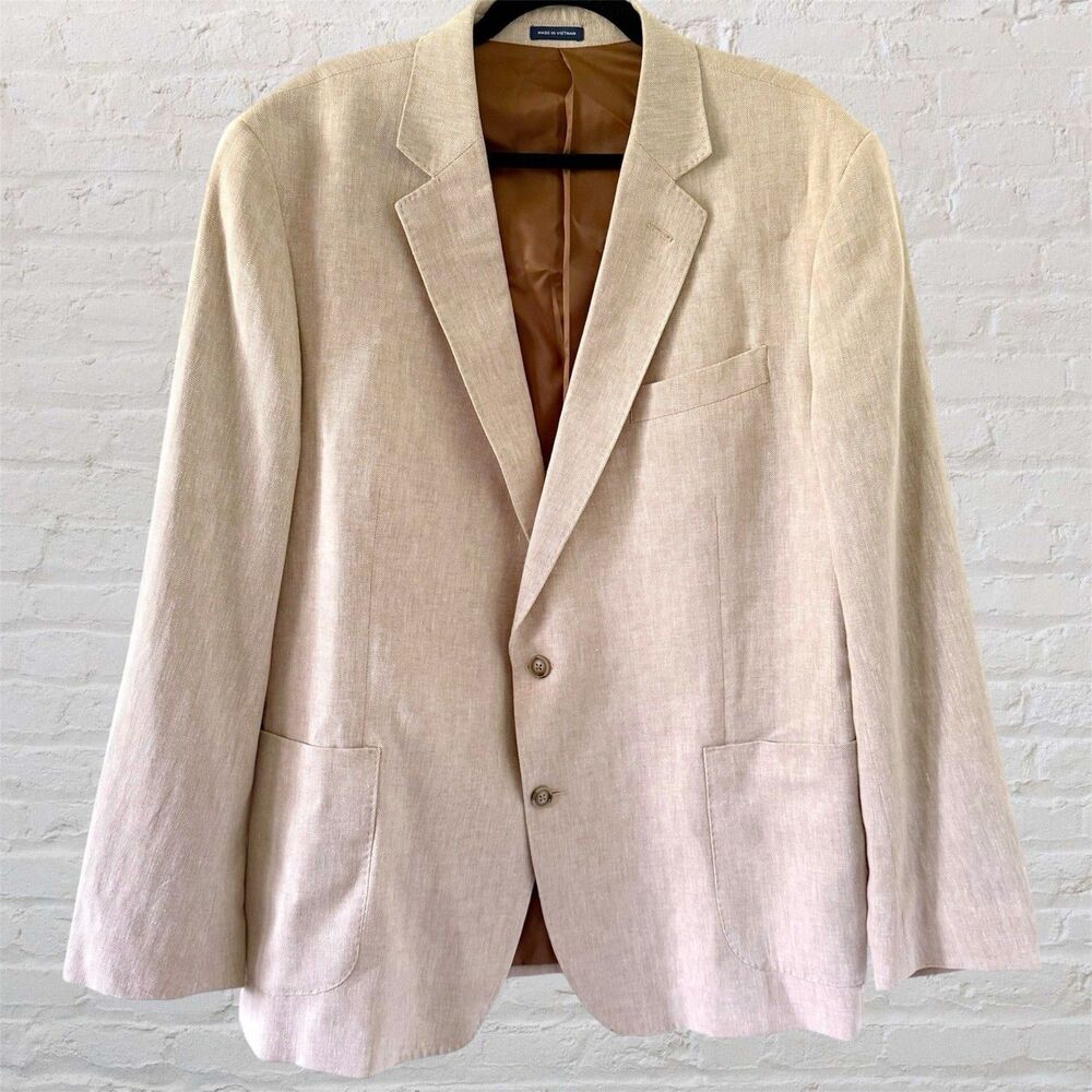 Stafford Sport Coat Blazer Mens 48R Beige Tan Linen Cotton Classic Fit Jacket